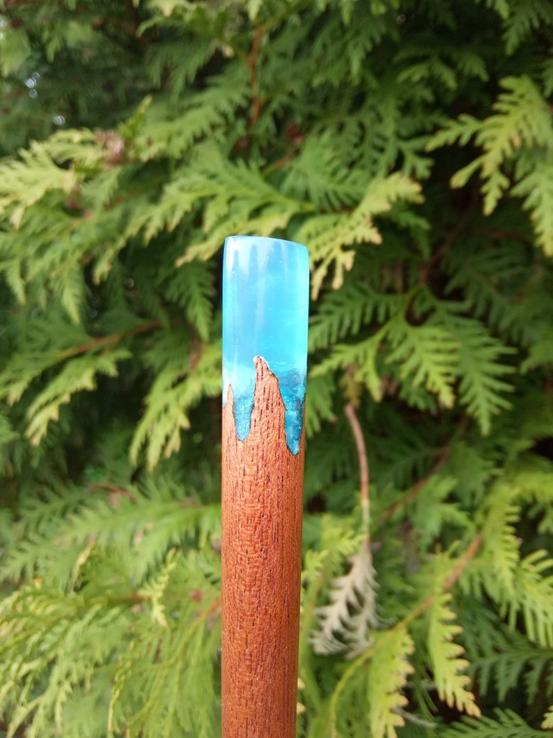 Mahogany hair stick Bun holder Long hair accessories hair stick Wood hair stick Womens hair Gift Resin hair fork Hair slide Blue Resin Stick