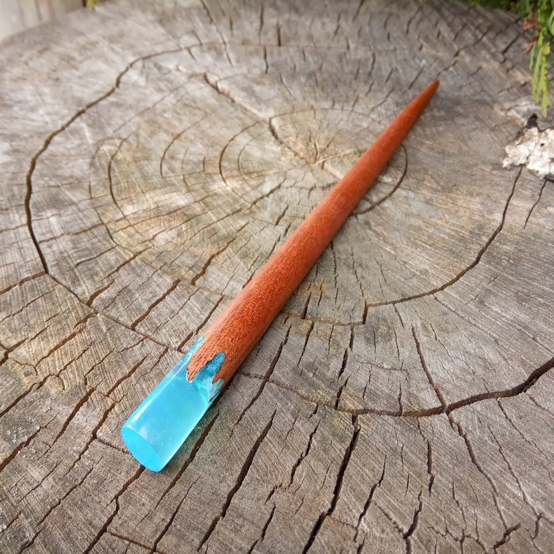 Mahogany hair stick Bun holder Long hair accessories hair stick Wood hair stick Womens hair Gift Resin hair fork Hair slide Blue Resin Stick