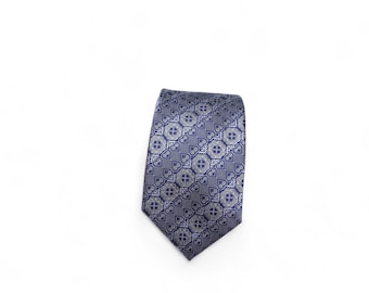 Hmong Design Elephant Foot Striped Blue and White Tie Gift for Husband, Brother, Friend, Cousin, Uncle, Grandfather, Son