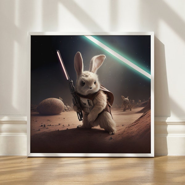 Digital poster, Bunny from Rebellion, Fan Art Print, Jedi Rabit, Bring the Force, Hare Jedi Pop Culture, Pet Poster Download AI Art