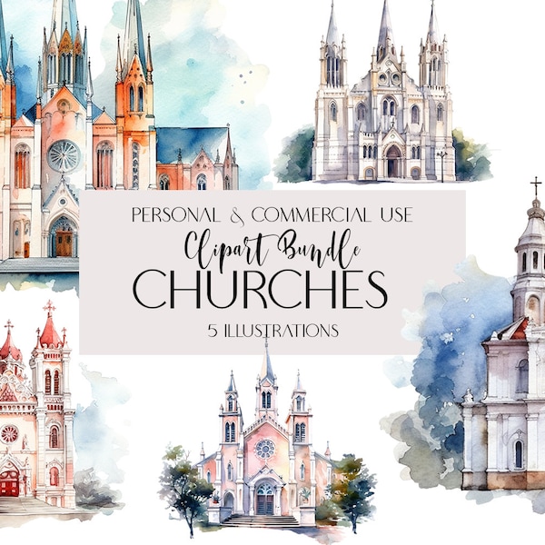 Commercial Use Catholic Church Clipart Transparent PNG Gothic Cathedral  Set of 5 Digital AI Watercolour