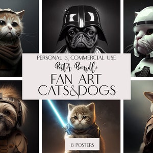 Set of 8 Digital posters, Fan Art Cat, Dog, Pop Culture, Download AI Art
