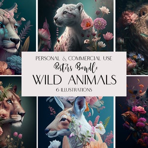 6 Digital poster, Wild Animals in Flowers, Safari Print, Wild Safari Animals, For Commercial Use, Wall decor, Lion Leopard Poster AI Art