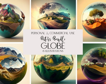 Set of 6 Digital posters, Galaxy World Globe, For Commercial, Misty Mountain Print, Minimalistic, Nordic Nature, Forest Landscape, Download