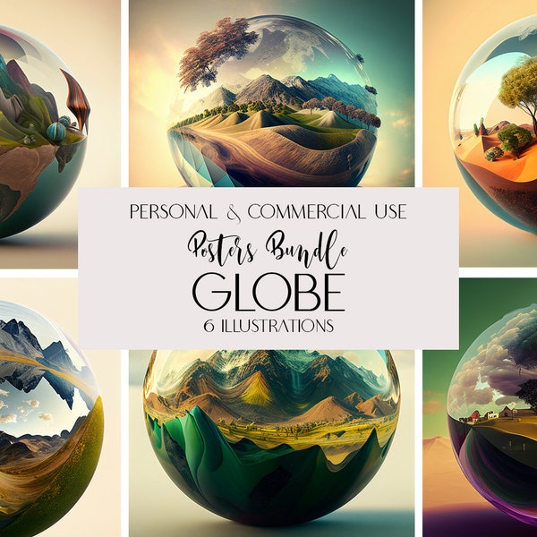 Ensemble de 6 affiches numériques, Galaxy World Globe, For Commercial, Misty Mountain Print, Minimalistic, Nordic Nature, Forest Landscape, Download