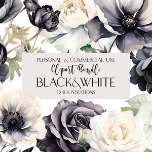 Black and White Flowers PNG Clipart: Wedding Floral Illustrations (Commercial Use)