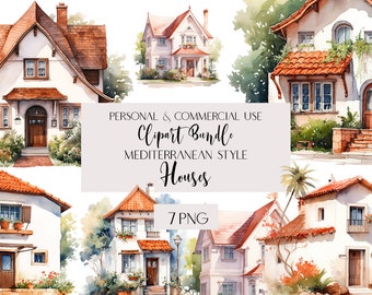 Commercial Use Sweet Home Clipart Mediterranean Style Houses Transparent PNG First Home Father's house PNG  Set of 7 Digital AI Watercolour