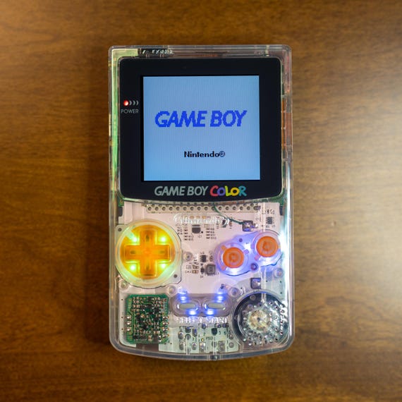 Transparent Clear Gameboy Color Custom IPS lcd bright screen gbc Led RGB, Orange Buttons