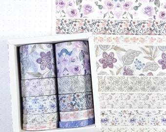 Vintage Floral Washi Tape Set of 10, Purple Flower Washi Tape, Junk Journal and Planner Supplies, Scrapbook Washi Tape, 10 Rolls x 2m