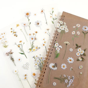 Stickers marguerites fleurs, feuille d'autocollants marguerites, stickers fleurs blanches, décoration florale de journal et d'agenda, autocollants de scrapbooking, autocollants créatifs