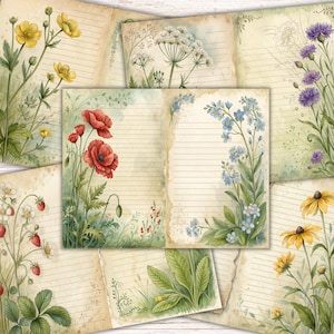 Wildflower Junk Journal Paper, Printable Vintage Lined Journal Pages, Digital Floral Paper Download