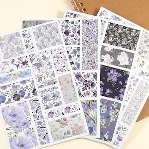 Lila Blumen Sticker Bogen, Lila Blumen Aufkleber Set, Junk Journal, Floral Scrapbook Aufkleber, Collage Aufkleber, Bastelbedarf, 4 Bögen