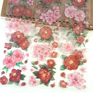 Feuilles d'autocollants avec fleurs roses et rouges, journal floral, autocollants de scrapbooking, fabrication de cartes, 3 feuilles