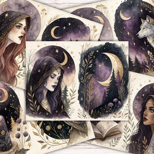 Mystical Witch Journal Kit, Printable Celestial and Witchy Papers, Digital Ephemera for Junk Journals and Scrapbooking