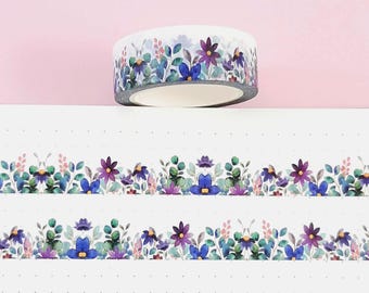 Purple Wildflower Washi Tape, Flower Journal Tape, Floral Scrapbooking Supplies, 10m