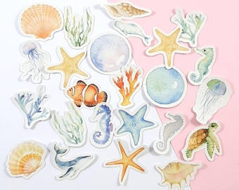 Sea life Sticker Set, Ocean Stickers, Shells, Seahorse, Starfish, Journal and Scrapbook Stickers, 46 pcs