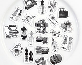 Vintage Sewing Sticker Set,  Victorian Dressmaking Sticker Pack, Black and White Seamstress Stickers, Sewing Junk Journal, 45 pcs