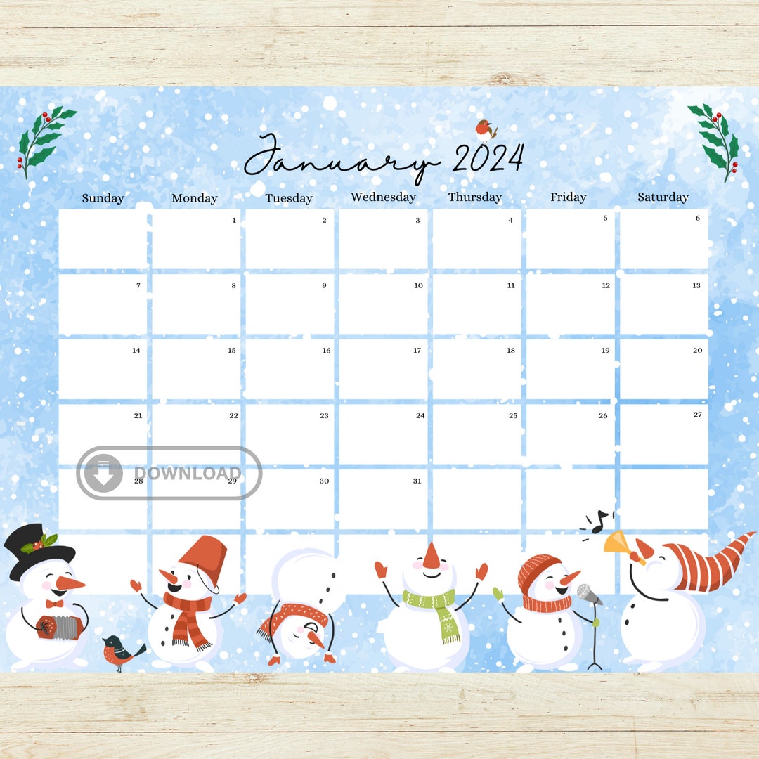 Editable and Printable January 2025 Calendar, Snowman Themed January