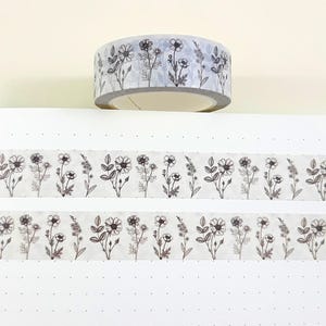Schwarz und weißes Blumen Washi Tape, Wilde Blumen Washi Tape, Florale Dekoration für Journal und Scrapbook, 10 m