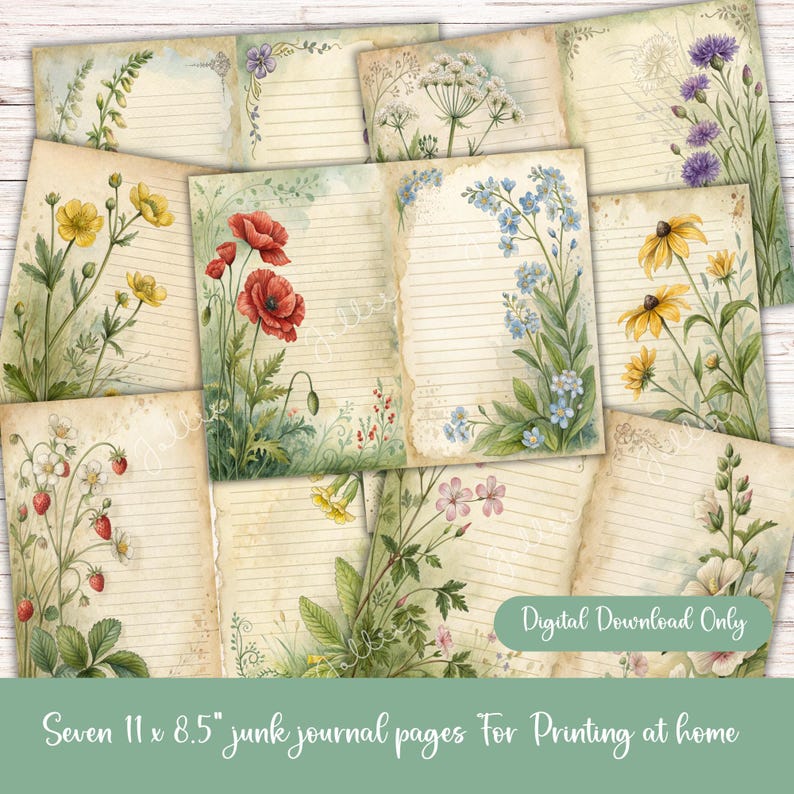 Vintage Wildflower Lined Journal Pages, Printable Floral Paper (digital ...