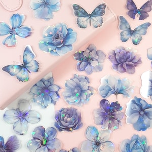 Blaue und lila Blumen-Aufkleber, Blumen-Journal- und Planer-Aufkleber, Scrapbooking, Laptop- und Telefon-Dekoration, Bastel-Aufkleber