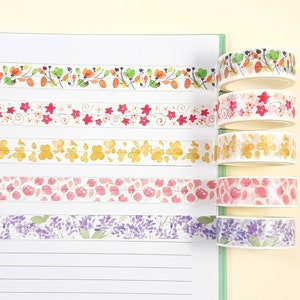 Lot de rubans adhésifs Washi, fleurs printemps-été, fournitures pour journaux et agenda, scrapbooking, 5 rouleaux x 5 m