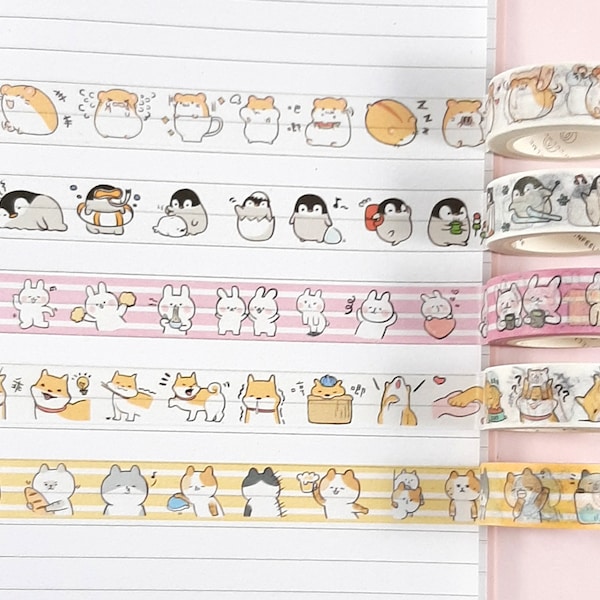 Cute Animal Washi Tape, Kawaii Washi Tape, Journal and Planner Supplies, Scrapbooking, 7m