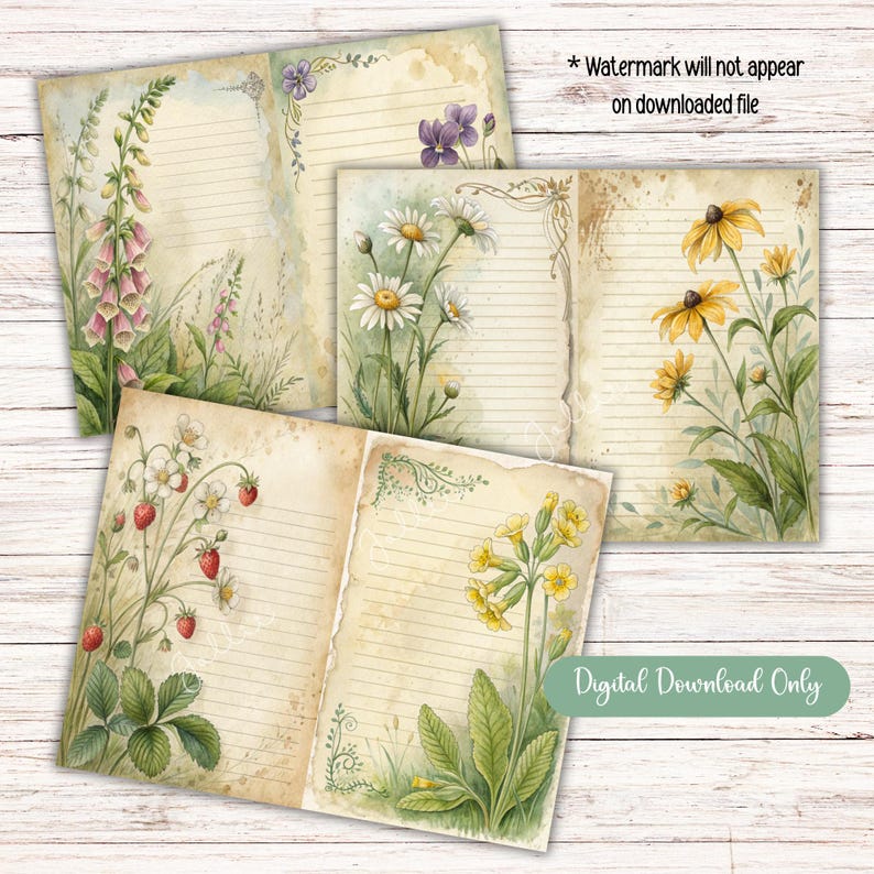 Vintage Wildflower Lined Journal Pages, Printable Floral Paper (digital ...