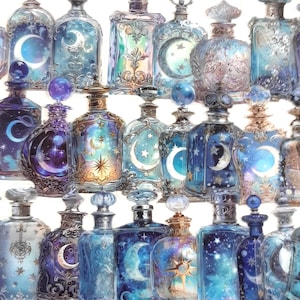 May include: An assortment of decorative glass bottles with celestial themes. The bottles showcase crescent moons, stars, and galaxy patterns in blue, purple, and gold. Each bottle has a unique stopper and detailed embellishments.