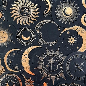 Stickers lune et étoiles dorés, stickers soleil et lune, grands stickers célestes, stickers lune noire pour journal et scrapbooking