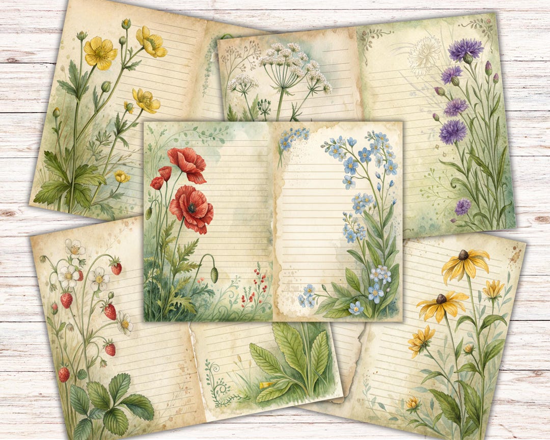 Vintage Wildflower Lined Journal Pages, Printable Floral Paper (digital ...