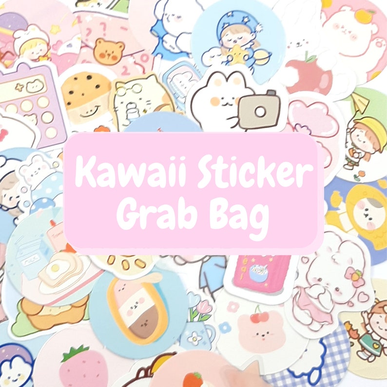 May include: A grab bag of kawaii stickers featuring various cute characters, animals, and designs. The stickers are mostly in pastel colors and have a whimsical, cartoonish style. The bag is labeled "Kawaii Sticker Grab Bag".