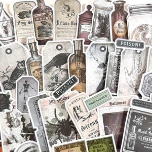 May include: A selection of vintage-style stickers and labels with a gothic and apothecary theme. The designs include potion bottles, skulls, spiders, and handwritten text, with a sepia, black, and cream colour palette.