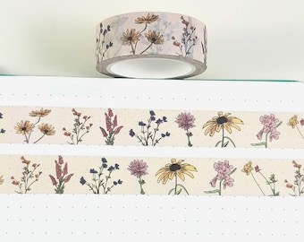 Vintage Wild Flowers Washi Tape, 10m Floral Decorative Tape, Nature Scrapbooking, Journaling, Paper Crafts