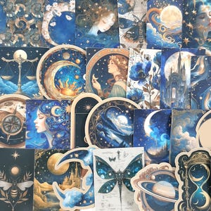 Blauer Mond und Sterne Aufkleber, himmlische Planer-Aufkleber, Scrapbook-Dekoration