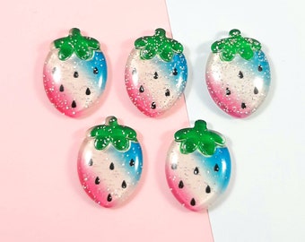 Glittery Strawberry Cabochon, Fruit Cabochon, Craft Embellishments, Set of 5