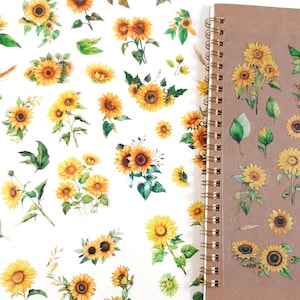 Stickers tournesol, feuille d'autocollants fleurs jaunes, autocollants floraux, décoration de journal et agenda d'été, autocollants de scrapbooking, autocollants créatifs
