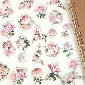Rosa Blumen-Aufkleber, rosa Rosen-Aufkleber für Scrapbooking, Pastellrosa Blumenjournal-Aufkleber