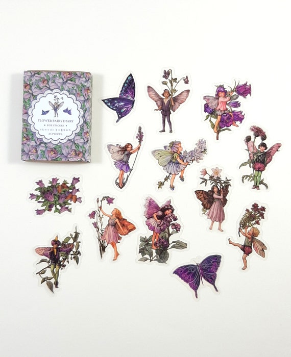 Flower Fairy Sticker Box, Purple Themed Vintage Style Fairy