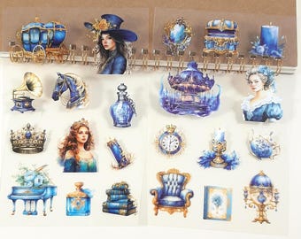 Vintage Fairytale Stickers, Vintage Blue Themed Princess Sticker Sheets for Junk Journaling and Scrapbooking