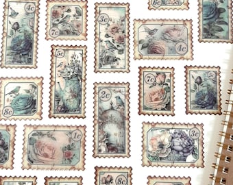 Vintage Floral Stamp Stickers, Vintage Flower Garden Sticker Set, Floral Journal Stickers, Paper Ephemera,  20 Pcs