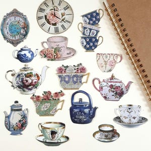 Paquet d'éphémères de l'heure du thé, tasses à thé découpées, éphémères vintage pour journaux indésirables et scrapbooking, décorations de cartes, 15 pièces