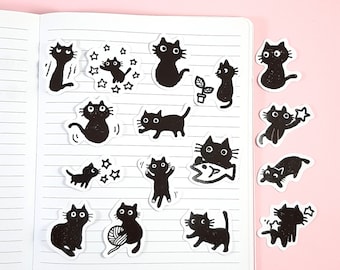 Schwarze Katzen Aufkleber, Kawaii Katzen Aufkleber für Journals, Planer und Scrapbooks, 15 Stück