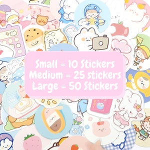 May include: A variety of colorful stickers featuring cute cartoon characters, animals, and objects. The stickers are arranged in a random pattern and include text that says "Small = 10 Stickers, Medium = 25 Stickers, Large = 50 Stickers".