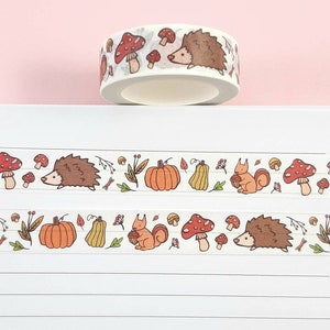 Cute Autumn Washi Tape, Hedgehog, Pumpkin and Squirrel, Fall Washi Tape for Journals & Scrapbooks, 10m