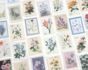 Vintage Floral Stamp Stickers Grab Bag, Vintage Style Flower and Fruit Stickers, Journal and Planner Stickers, Junk Journal, Scrapbooking