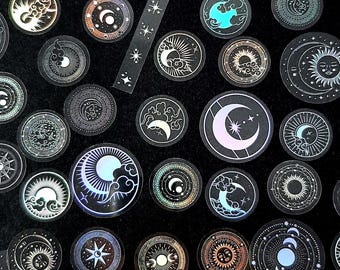 Silver Holographic Celestial Stickers, Moon & Sun, Witchy Journal and Scrapbook Stickers, 20 Pcs