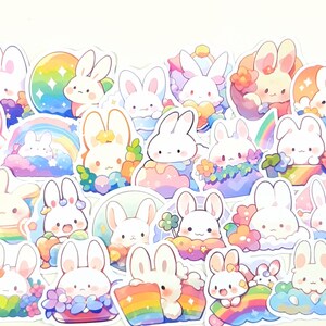May include: A collection of colorful stickers featuring cute cartoon bunnies in various poses and settings. The stickers are perfect for adding a touch of whimsy to journals, laptops, water bottles, and other items.