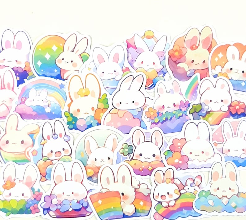 May include: A collection of colorful stickers featuring cute cartoon bunnies in various poses and settings. The stickers are perfect for adding a touch of whimsy to journals, laptops, water bottles, and other items.