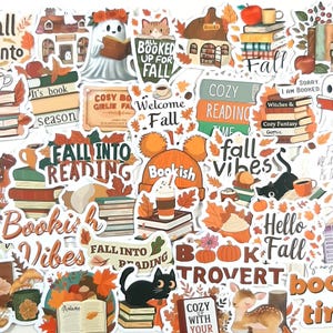 May include: A selection of autumn-themed stickers with books, pumpkins, cats, ghosts, and leaves. Text includes "Fall into Reading," "Hello Fall," and "Bookish Vibes." The stickers are in orange, brown, and green hues.